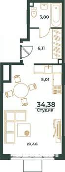 Студия квартира, вторичка, 34м2, 20/24 этаж