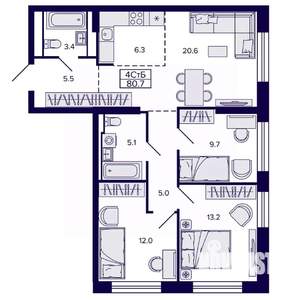 4-к квартира, строящийся дом, 81м2, 13/22 этаж
