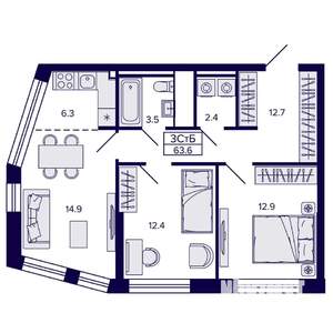 3-к квартира, строящийся дом, 64м2, 6/22 этаж