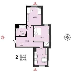2-к квартира, строящийся дом, 63м2, 2/25 этаж