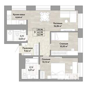 3-к квартира, вторичка, 63м2, 12/22 этаж