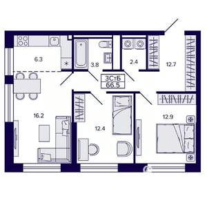 3-к квартира, вторичка, 67м2, 2/22 этаж