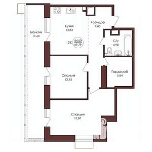 2-к квартира, вторичка, 70м2, 2/23 этаж