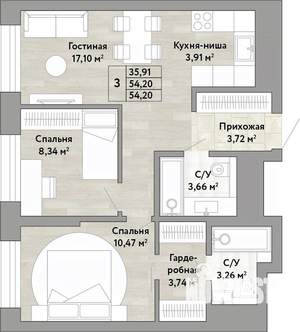 3-к квартира, вторичка, 54м2, 22/22 этаж