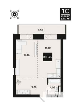 1-к квартира, вторичка, 52м2, 3/8 этаж