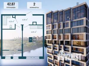 2-к квартира, строящийся дом, 43м2, 5/15 этаж
