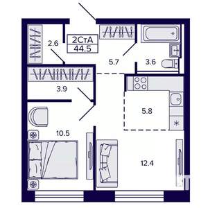 2-к квартира, строящийся дом, 44м2, 16/22 этаж