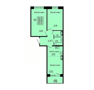 3-к квартира, строящийся дом, 59м2, 1/10 этаж