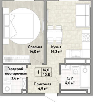 1-к квартира, вторичка, 41м2, 7/21 этаж
