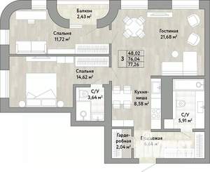 3-к квартира, вторичка, 76м2, 19/22 этаж