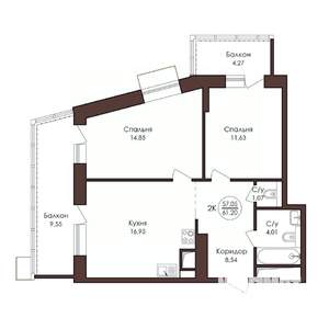 2-к квартира, строящийся дом, 61м2, 2/23 этаж