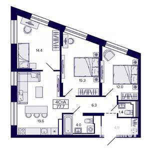 4-к квартира, строящийся дом, 78м2, 21/30 этаж
