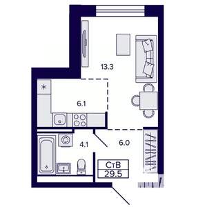 1-к квартира, строящийся дом, 30м2, 14/22 этаж