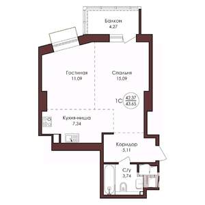 1-к квартира, вторичка, 44м2, 14/23 этаж