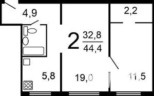 2-к квартира, вторичка, 45м2, 2/5 этаж