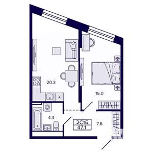 2-к квартира, строящийся дом, 47м2, 13/30 этаж