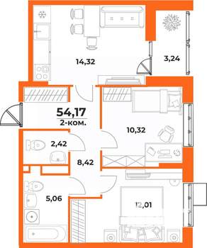 2-к квартира, вторичка, 54м2, 2/10 этаж