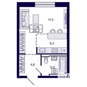 Студия квартира, строящийся дом, 33м2, 8/22 этаж