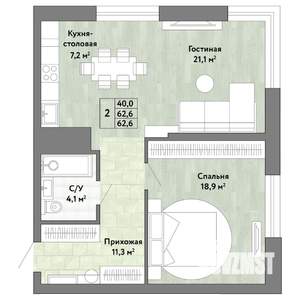 2-к квартира, строящийся дом, 63м2, 18/22 этаж