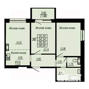 3-к квартира, строящийся дом, 56м2, 3/10 этаж