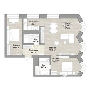 3-к квартира, вторичка, 77м2, 22/22 этаж