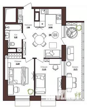 2-к квартира, строящийся дом, 55м2, 9/23 этаж