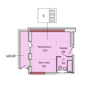 1-к квартира, строящийся дом, 33м2, 6/25 этаж