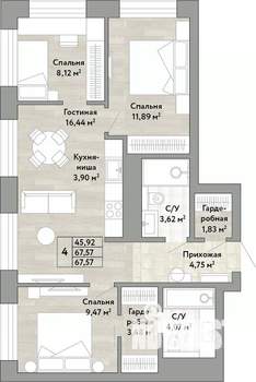 4-к квартира, вторичка, 68м2, 22/22 этаж