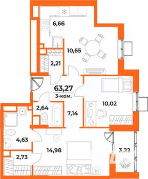 3-к квартира, вторичка, 63м2, 10/10 этаж