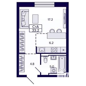 1-к квартира, строящийся дом, 33м2, 8/22 этаж