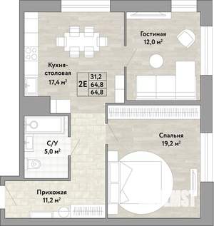 2-к квартира, вторичка, 65м2, 12/22 этаж