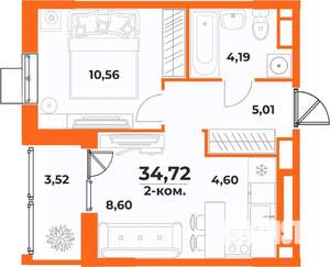 2-к квартира, вторичка, 35м2, 6/10 этаж