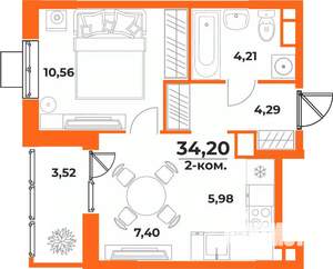 2-к квартира, вторичка, 34м2, 9/10 этаж