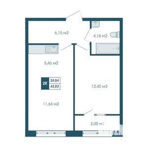 2-к квартира, строящийся дом, 43м2, 14/17 этаж
