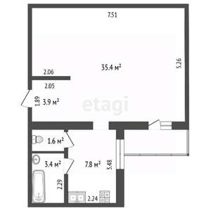 1-к квартира, вторичка, 53м2, 9/9 этаж