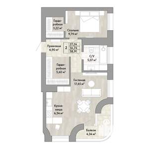 2-к квартира, строящийся дом, 57м2, 18/22 этаж