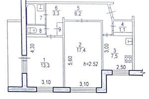 2-к квартира, вторичка, 53м2, 6/9 этаж