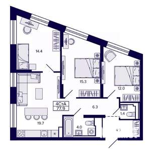 4-к квартира, строящийся дом, 78м2, 13/30 этаж
