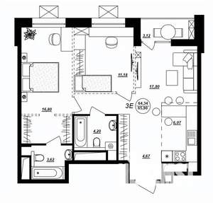3-к квартира, строящийся дом, 66м2, 2/17 этаж
