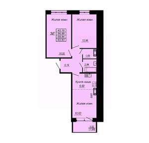 3-к квартира, строящийся дом, 59м2, 1/10 этаж