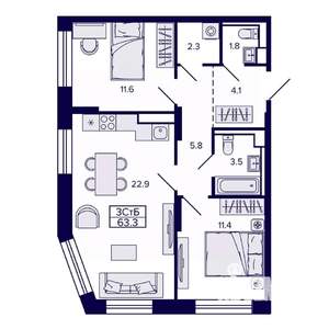 3-к квартира, строящийся дом, 63м2, 16/30 этаж
