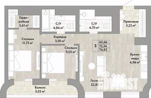 3-к квартира, вторичка, 72м2, 19/22 этаж