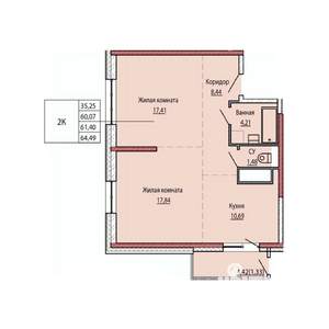 2-к квартира, строящийся дом, 61м2, 16/25 этаж