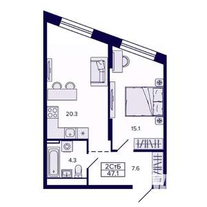2-к квартира, строящийся дом, 47м2, 22/30 этаж