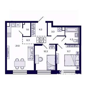 3-к квартира, строящийся дом, 62м2, 6/30 этаж