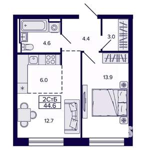 2-к квартира, строящийся дом, 45м2, 13/22 этаж