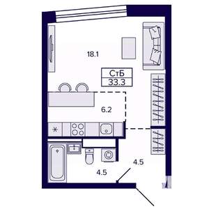 Студия квартира, строящийся дом, 33м2, 13/22 этаж