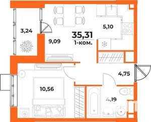 2-к квартира, вторичка, 35м2, 10/10 этаж