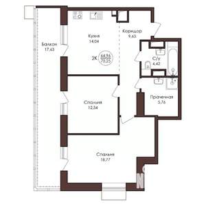 2-к квартира, вторичка, 70м2, 15/23 этаж