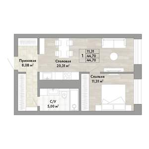 1-к квартира, строящийся дом, 45м2, 10/22 этаж